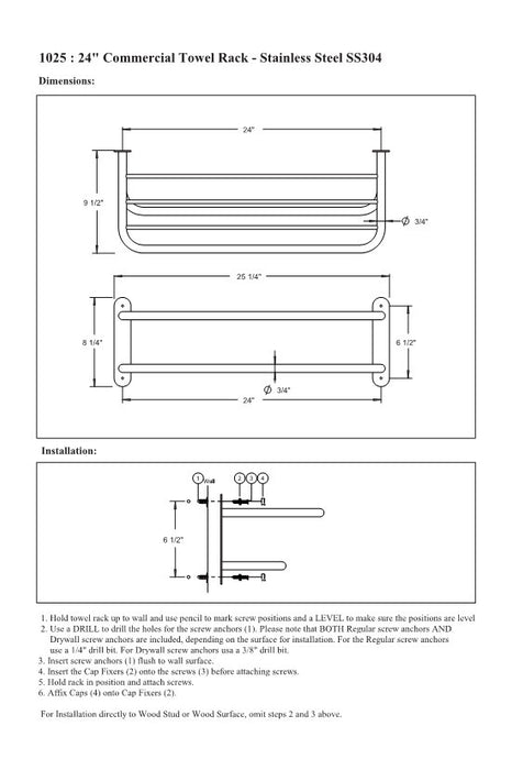 24" Commercial Grade Towel Rack - SS304 - Satin Nickel