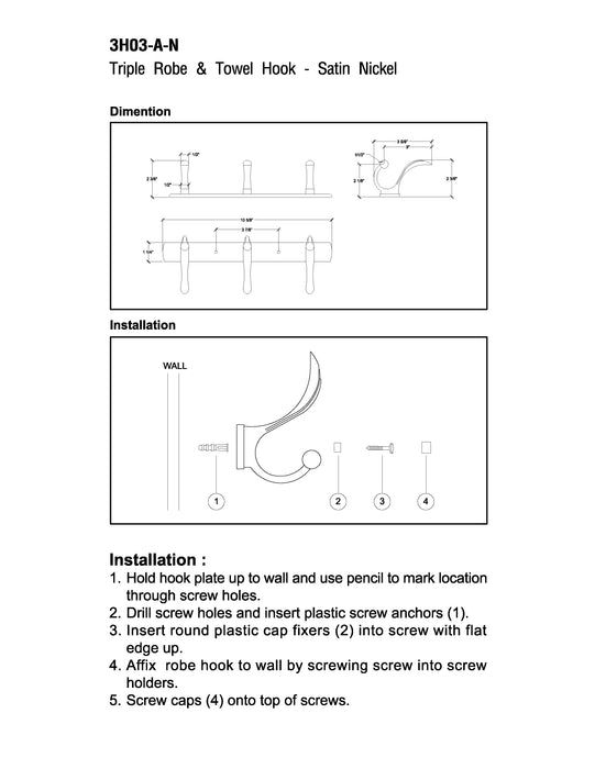 Triple Robe & Towel Hook - Satin Nickel