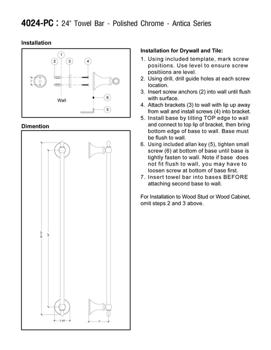24" Towel Bar - Antica Series - Polished Chrome