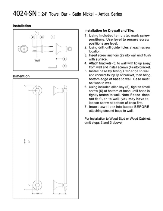 24" Towel Bar - Antica Series - Satin Nickel