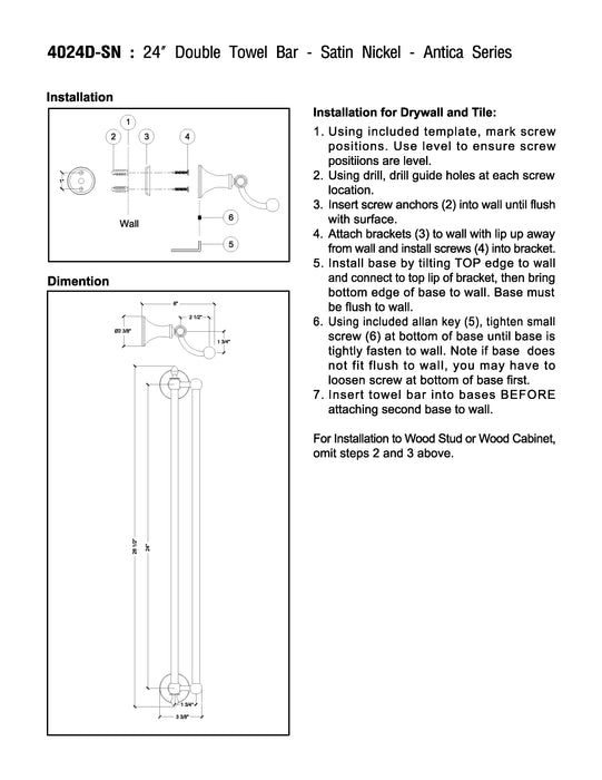 24" Double Towel Bar - Antica Series - Satin Nickel