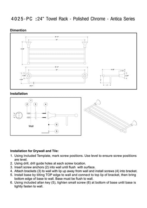 24" Towel Rack - Antica Series - Polished Chrome