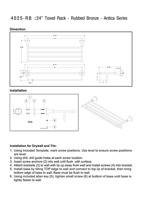 24" Towel Rack - Antica Series - Rubbed Bronze