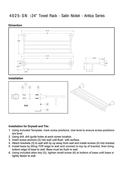 24" Towel Rack - Antica Series - Satin Nickel