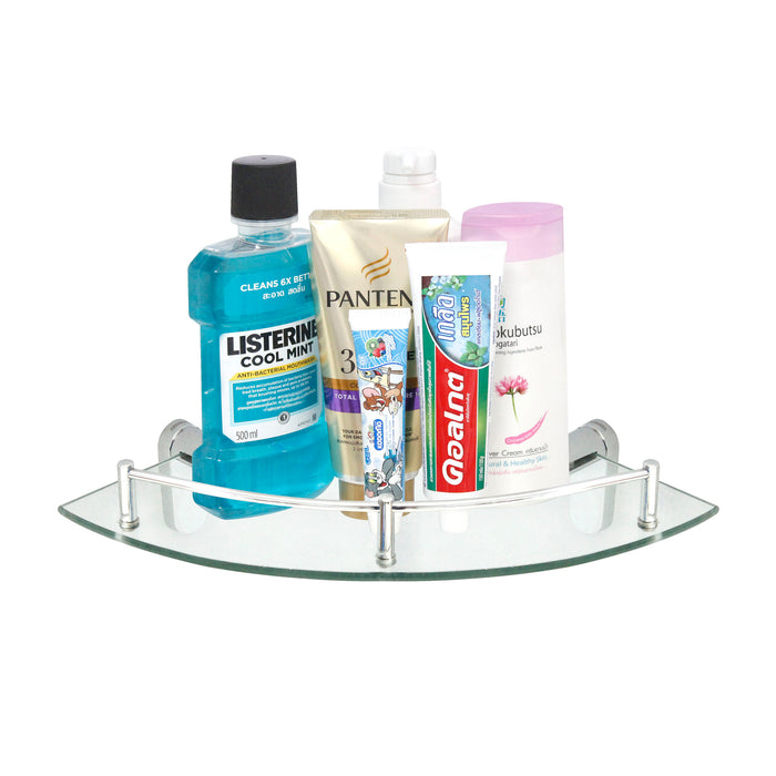 Oval Glass Corner Shelf with Rail - Polished Chrome