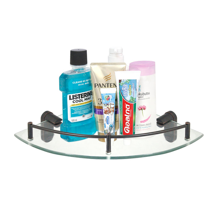 Oval Glass Corner Shelf with Rail - Rubbed Bronze