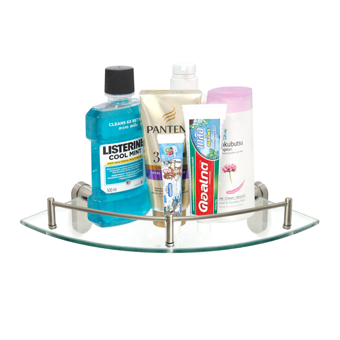 Oval Glass Corner Shelf with Rail - Satin Nickel