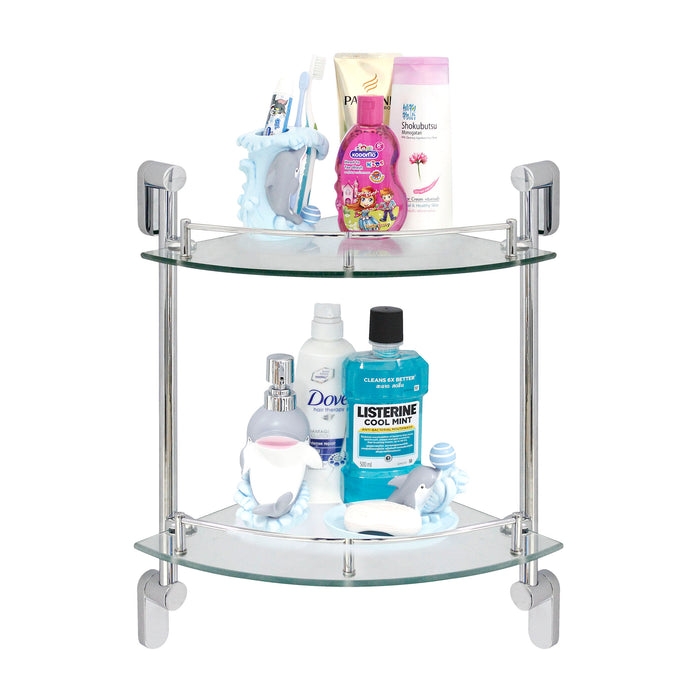Oval Double Glass Corner Shelf with Rail - Polished Chrome