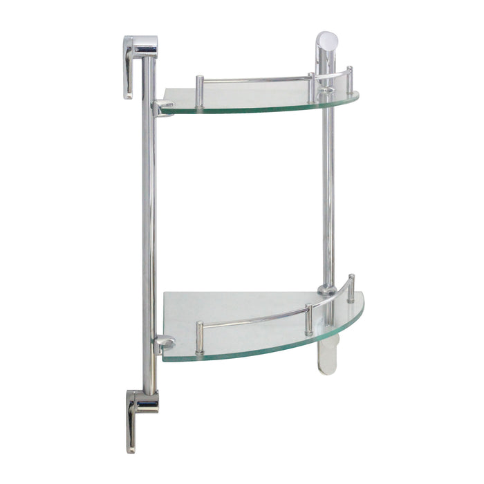 Oval Double Glass Corner Shelf with Rail - Polished Chrome