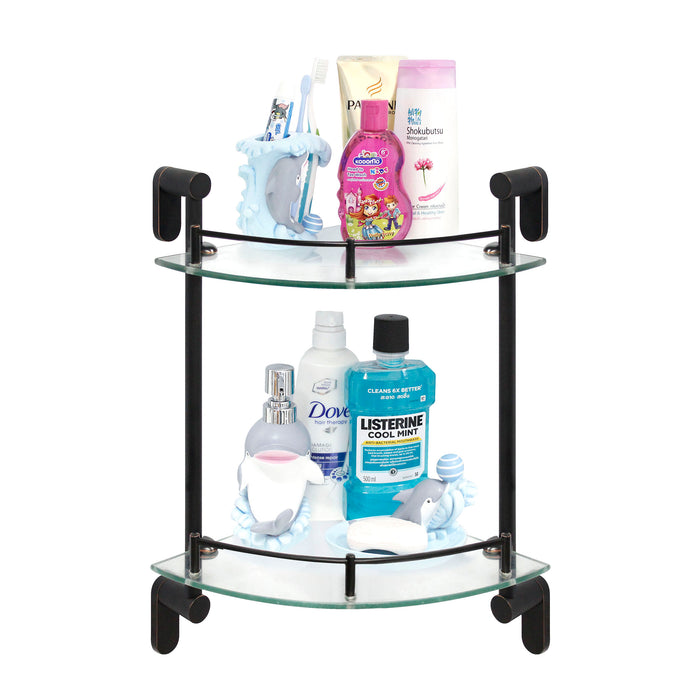 Oval Double Glass Corner Shelf with Rail - Rubbed Bronze