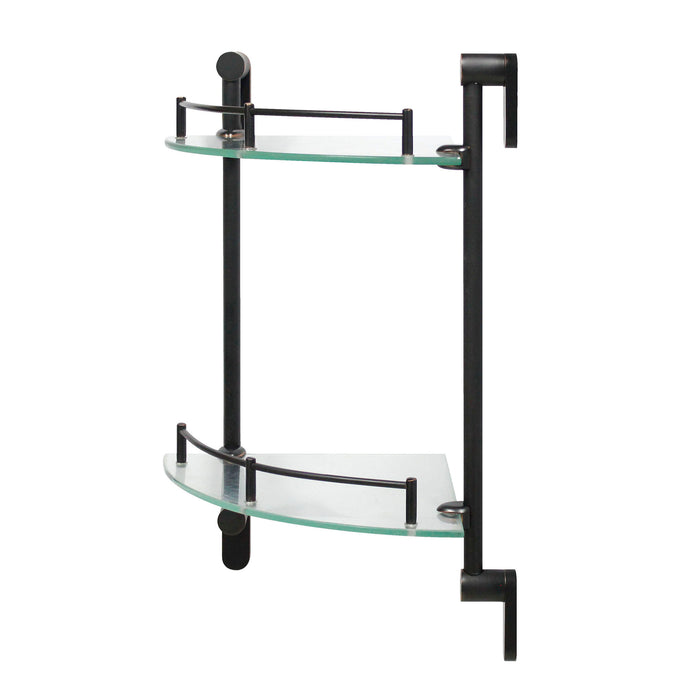 Oval Double Glass Corner Shelf with Rail - Rubbed Bronze