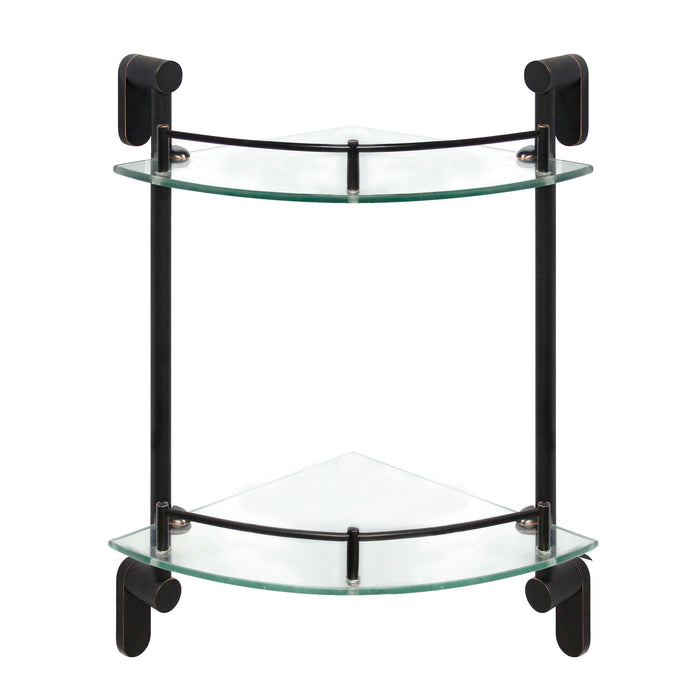 Oval Double Glass Corner Shelf with Rail - Rubbed Bronze
