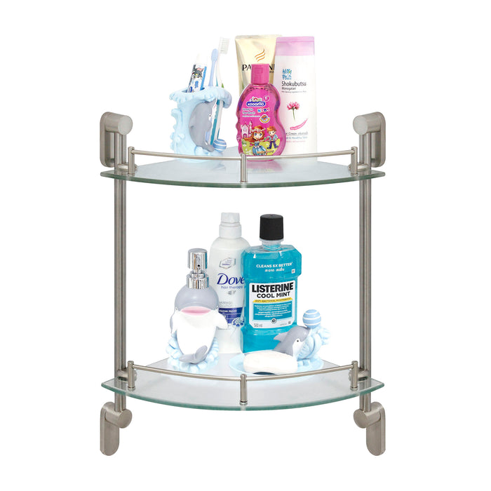 Oval Double Glass Corner Shelf with Rail - Satin Nickel