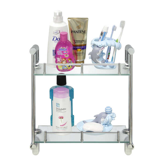 Oval Double Glass Wall Shelf with Rail - Polished Chrome