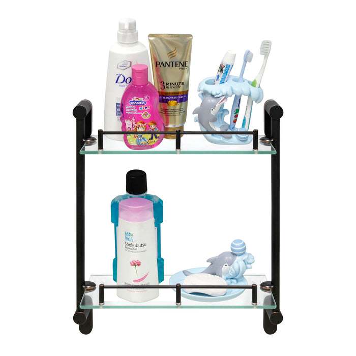 Oval Double Glass Wall Shelf with Rail - Rubbed Bronze