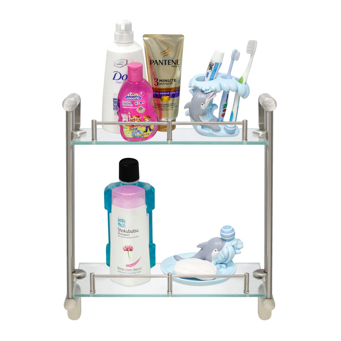 Oval Double Glass Wall Shelf with Rail - Satin Nickel