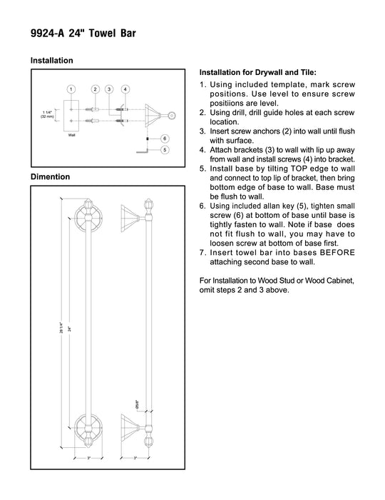 24" Towel Bar - Flora Series - White Porcelain & Polished Chrome