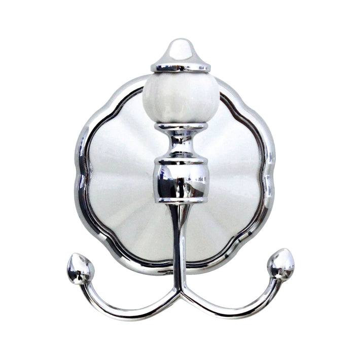 Double Robe & Towel Hook - Flora Series - White Porcelain & Polished Chrome