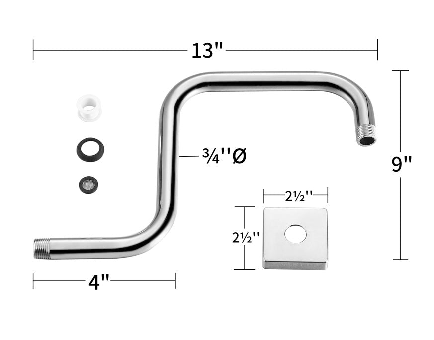 Gooseneck SQUARE Shower Arm - Polished Chrome