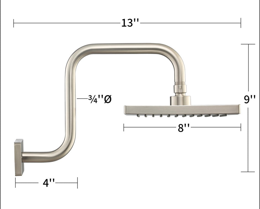 8" Square Rain Shower Head with Square Shower Arm Set - Satin Nickel