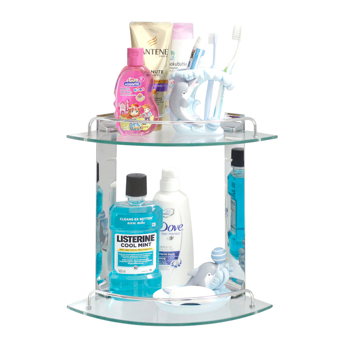 Double Glass Corner Shelf with Rail - Polished Chrome