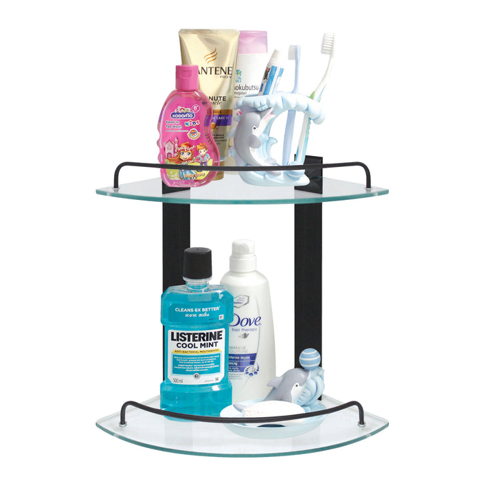 Double Glass Corner Shelf with Rail - Rubbed Bronze