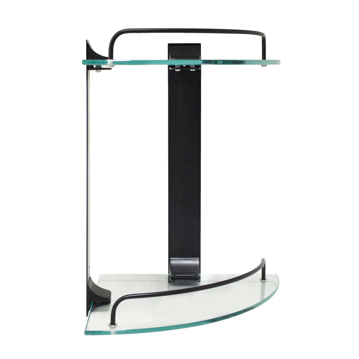 Double Glass Corner Shelf with Rail - Rubbed Bronze