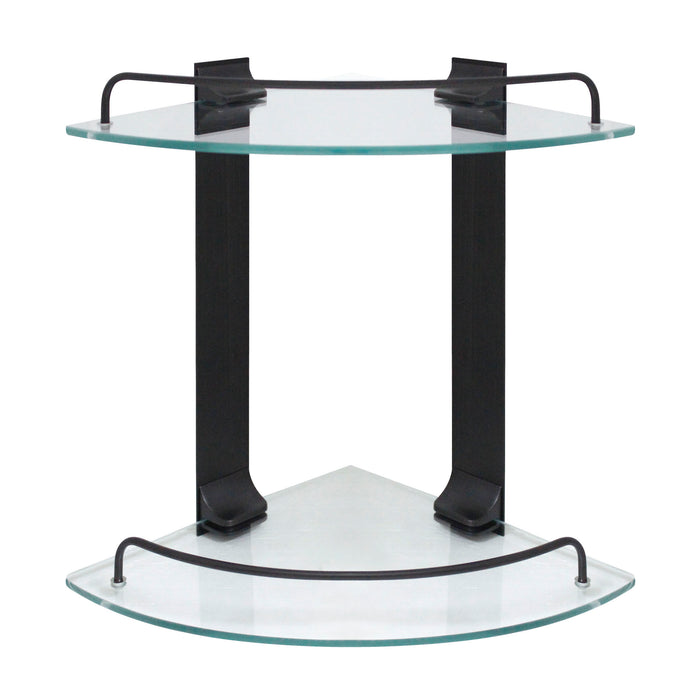 Double Glass Corner Shelf with Rail - Rubbed Bronze