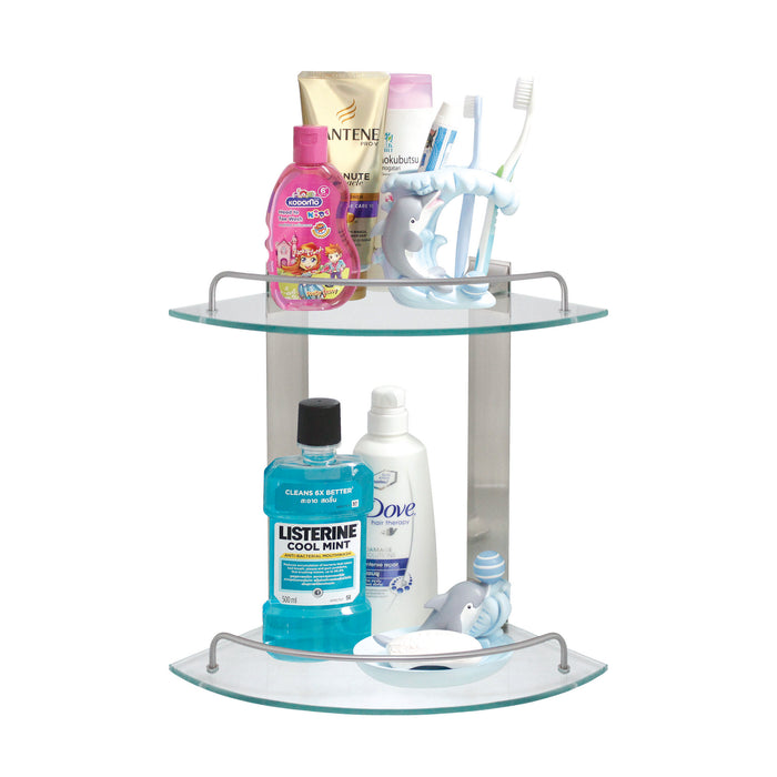 Double Glass Corner Shelf with Rail - Satin Nickel