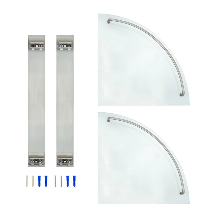Double Glass Corner Shelf with Rail - Satin Nickel