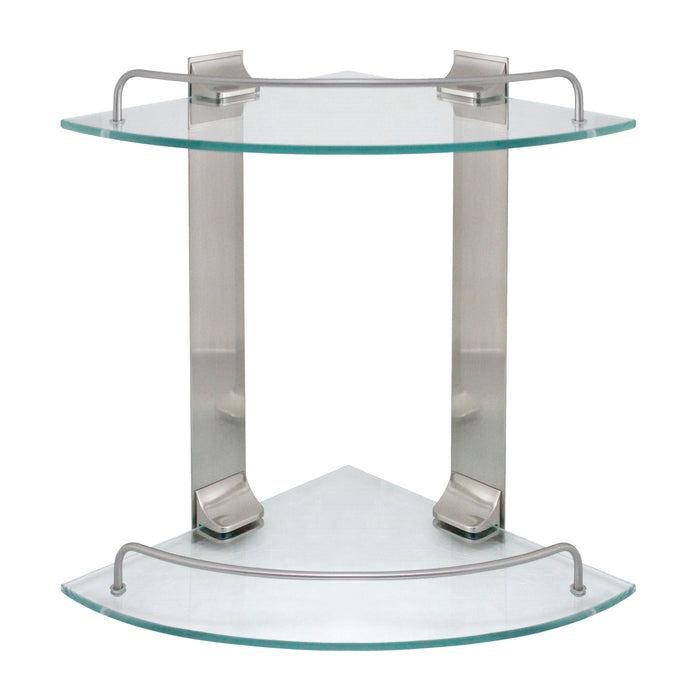 Double Glass Corner Shelf with Rail - Satin Nickel
