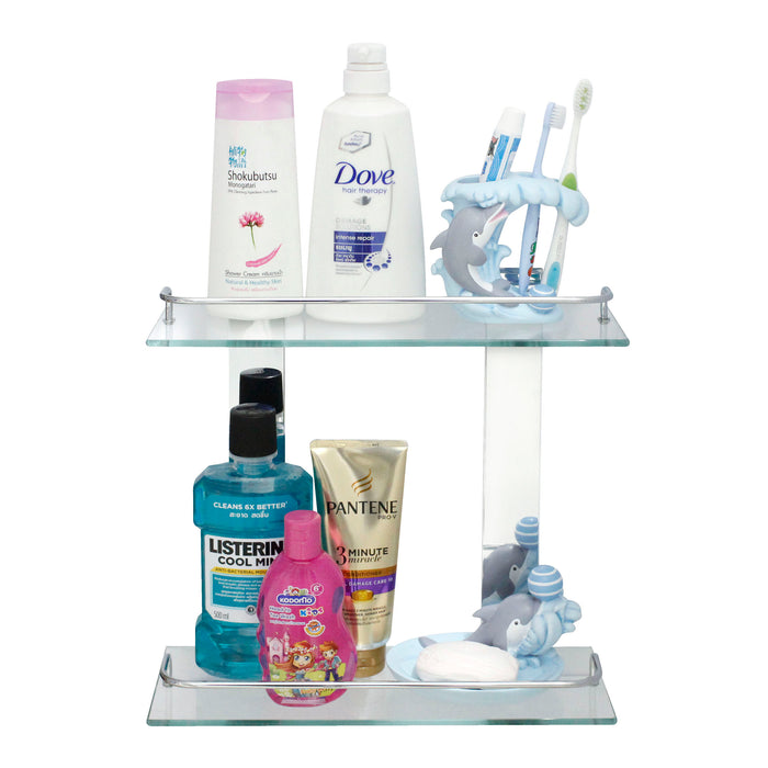 Double Glass Wall Shelf with Rail - Polished Chrome