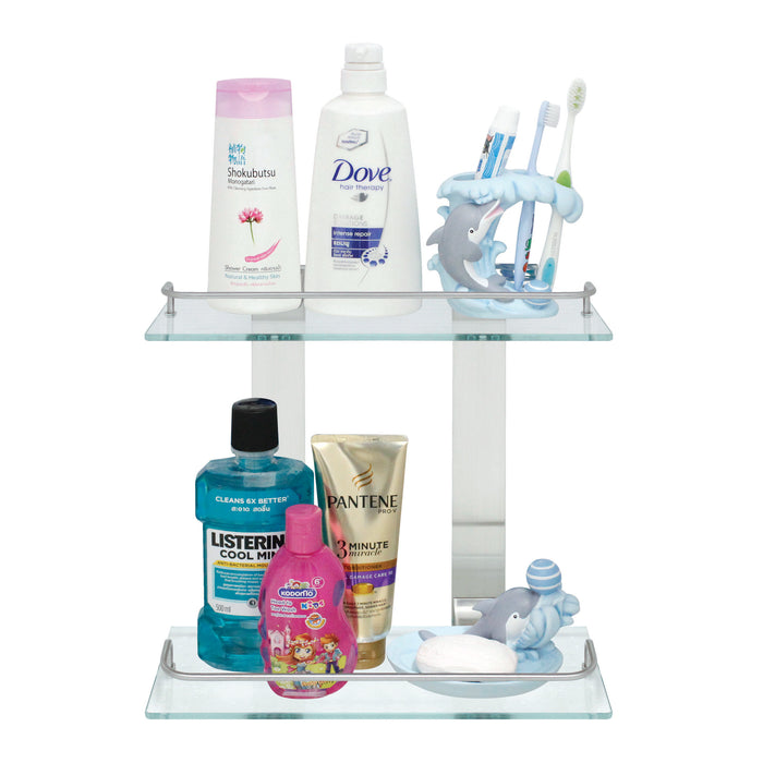 Double Glass Wall Shelf with Rail - Satin Nickel