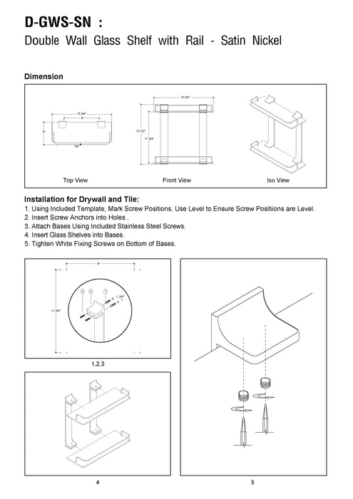 Double Glass Wall Shelf with Rail - Satin Nickel
