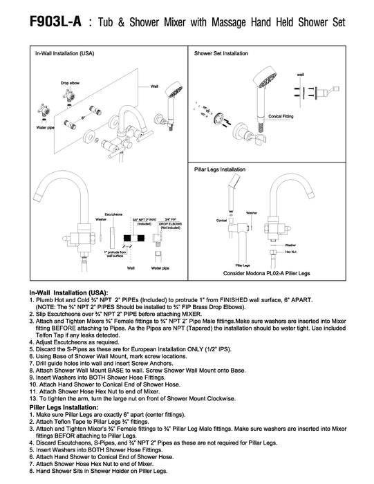 European Modern Style Tub & Shower Mixer with Hand Shower Set - Lever Handles