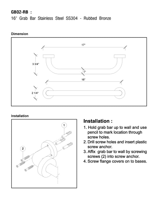16" Wall Mounted Grab Bar - SS304 - Rubbed Bronze
