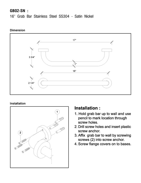 16" Wall Mounted Grab Bar - SS304 - Satin Nickel