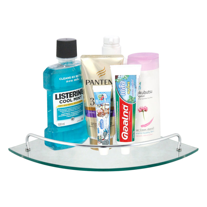 Glass Corner Shelf with Rail - Polished Chrome