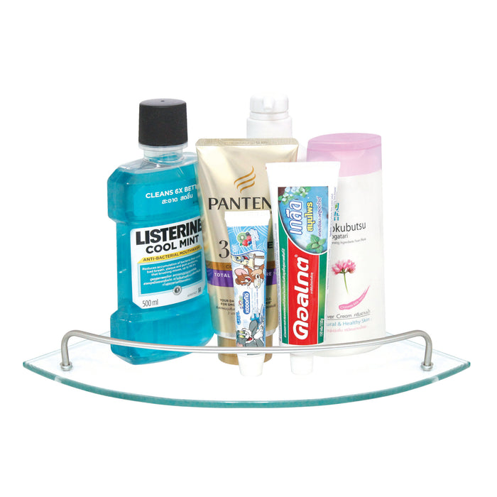 Glass Corner Shelf with Rail - Satin Nickel