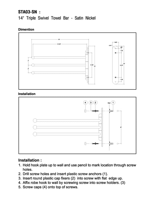 14" Triple Swing Towel Bar - Satin Nickel