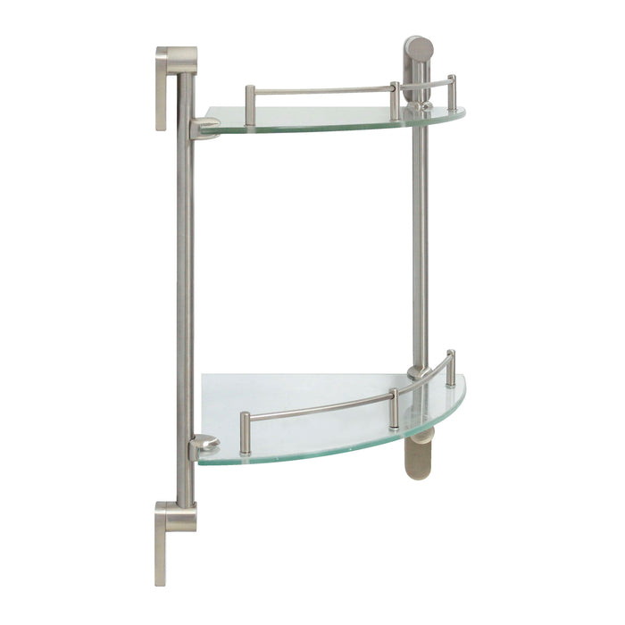 Oval Double Glass Corner Shelf with Rail - Satin Nickel