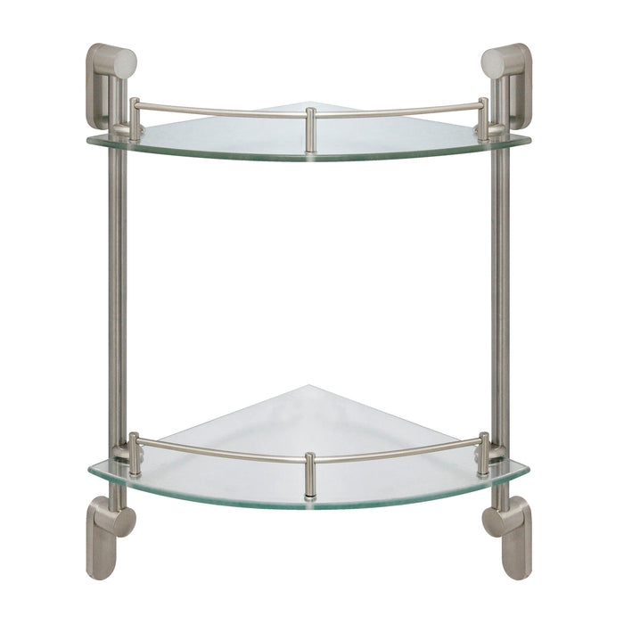 Oval Double Glass Corner Shelf with Rail - Satin Nickel