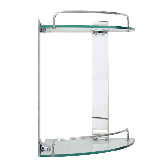 Double Glass Corner Shelf with Rail - Polished Chrome
