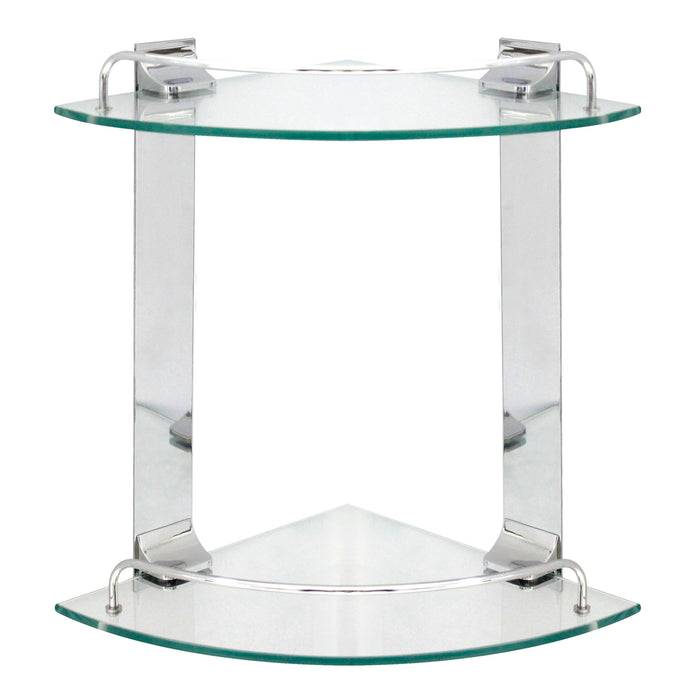 Double Glass Corner Shelf with Rail - Polished Chrome