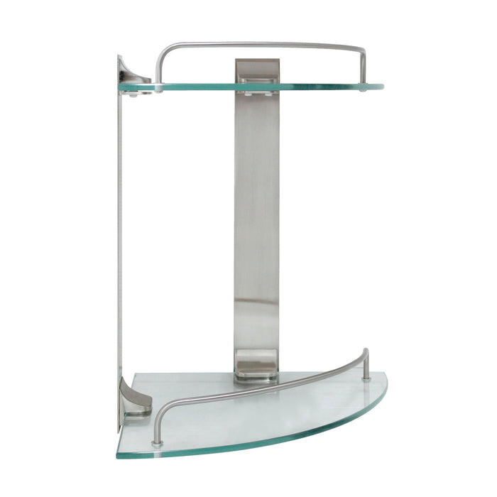 Double Glass Corner Shelf with Rail - Satin Nickel