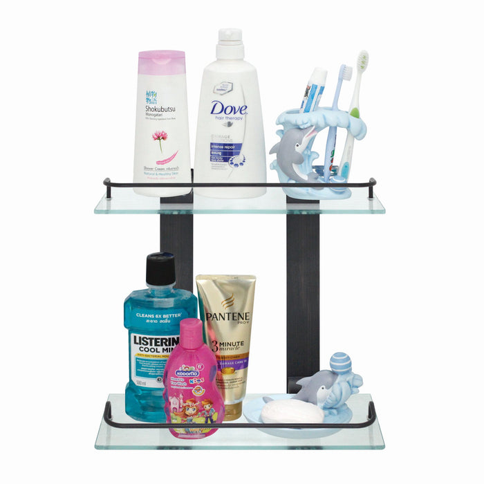 Double Glass Wall Shelf with Rail - Rubbed Bronze