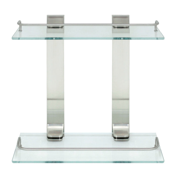 Double Glass Wall Shelf with Rail - Satin Nickel